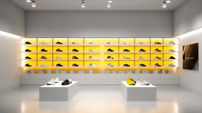 Foto de uma loja de calçados, paredes brancas imaculadas, prateleiras de design simples meticulosamente iluminadas por focos de luz amarela suave. As cores predominantes são amarelo, branco e preto remetendo à decoração black friday.