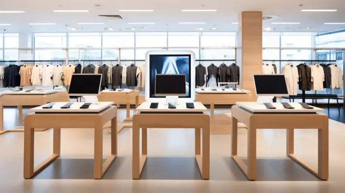 Foto com vista interior de uma loja de roupa contemporânea que incorpora tecnologia moderna na sua decoração. A loja tem um design limpo e minimalista, com cores neutras e elegantes prateleiras de exposição de vestuário. Estrategicamente colocados em uma parte da loja estão alguns móveis com computadores e celulares para os funcionários realizarem consultas e ajudarem os clientes na experiência de compra. Tema importante ao ver como decorar loja.