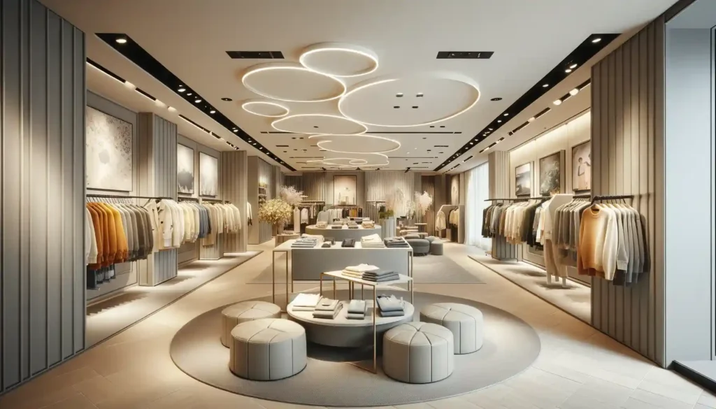 Foto do interior de loja de roupas elegante e moderno com um design mais discreto, porém atraente. A paleta de cores é equilibrada, com tons suaves e toques ocasionais de cor, evitando um visual excessivamente brilhante ou berrante. A decoração é contemporânea e minimalista, com linhas limpas e móveis funcionais. A atmosfera é acolhedora e moderna. As laterais da loja possuem várias araras de roupas com tonalidades pasteis combinando com a decoração ambiente e, no centro, há expositores de calças e uma parte com puffs para uma possível conversa com consultor de estilo ou para descanso de acompanhantes.