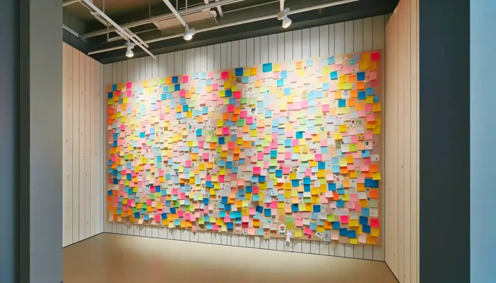 Fotografia de uma parede de uma loja com um grande quadro de avisos coberto de post-its coloridos. O quadro está colocado de forma proeminente numa parede simples e limpa da loja, criando um ponto focal vibrante e interativo. Os post-it são de várias cores vivas, como amarelo, cor-de-rosa, azul e verde, cada um com mensagens curtas ou desenhos. A disposição das notas é aleatória, mas visualmente apelativa, reflectindo uma atmosfera animada e criativa. Este quadro funciona como um elemento único na loja, possivelmente para os clientes deixarem comentários, sugestões ou apenas notas divertidas, acrescentando um toque pessoal e envolvente à decoração da loja. A iluminação é suave e natural, realçando a exibição colorida dos post-its. O recurso é uma medida interessante ao buscar como decorar loja.