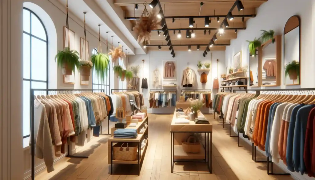Foto do interior de uma loja de roupas boutique com uma atmosfera convidativa. A loja é bem iluminada com luz natural e artificial, exibindo uma variedade de itens de vestuário em cabides de madeira em várias prateleiras. As prateleiras são organizadas por cor e estilo, proporcionando uma experiência de compra visualmente agradável. Há elementos decorativos, como vasos de plantas pendurados no teto, arte na parede, espelhos e um balcão de caixa de madeira. A estética é uma mistura de moderno e vintage, com um fundo de parede branco e limpo, criando um espaço moderno para os clientes navegarem e fazerem compras. Assim, caracteriza o passo do cuidado com a iluminação quando se busca como decorar uma loja.
