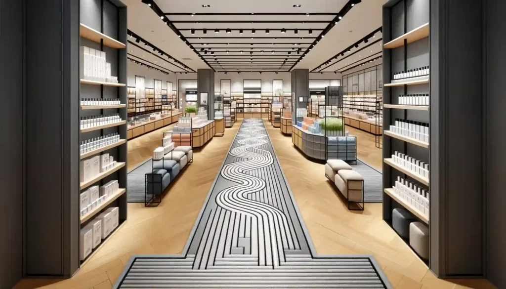 Vista interior de uma loja de produtos de beleza com uma disposição atraente e funcional, com um caminho distinto marcado por um tapete. A loja tem um design espaçoso e aberto, com prateleiras e suportes modernos e elegantes que expõem os produtos. O tapete, de cor contrastante, cria um caminho claro e convidativo para os clientes, guiando-os através das diferentes secções da loja. . O layout é adaptável, com áreas que podem ser facilmente modificadas para novos produtos ou mudanças sazonais. Por isso é importante pensar nesse tema ao pesquisar como decorar loja.