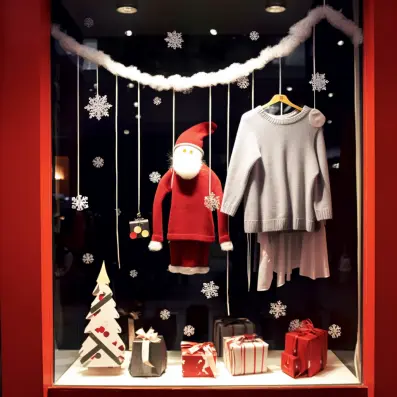 Foto de uma vitrine de loja de roupa com decoração de natal para vitrine de loja simples e contando uma história natalina através de elementos como Papai Noel, flocos de neve, presentes e pinheiro de natal e algumas roupas simples.