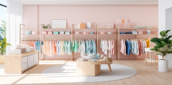 Uma foto de um interior simples de uma loja de moda infantil. A loja tem elementos de design limpos e minimalistas com cores pastéis suaves. As prateleiras estão bem organizadas com uma variedade de roupas infantis. As paredes são adornadas com decorações lúdicas e infantis, e o piso é de madeira clara. A luz natural e brilhante passa pelas grandes janelas, iluminando o espaço e criando uma atmosfera acolhedora. Representa o tema "como montar loja de roupa infantil".