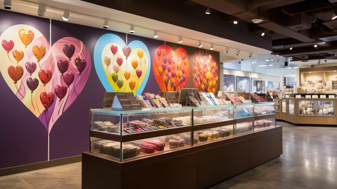 Foto de bancada de loja de chocolates em shopping com o fundo sendo uma parede com desenhos de decoração coloridos como elementos decorativos de decoração de loja para o Dia dos Namorados.