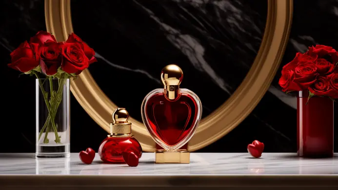 Foto de um perfume em formato de coração exposto com buquês de rosas e pétalas simbolizando a Decoração de loja para o Dia dos Namorados. O fundo é uma parede de mármore preto e a bancada do produto é mármore branco. A cena transmite amor e sofisticação.
