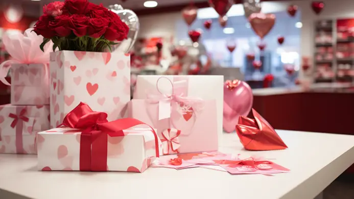 Foto de uma bancada branca de loja com um buquê de rosas e várias embalagens de presentes como Decoração de loja para o Dia dos Namorados. O fundo desfocado apresenta outras decorações de Dia dos Namorados.