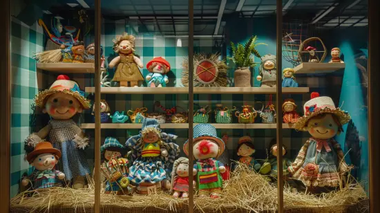 Uma vitrine de uma loja de brinquedos  de pano com  decoração de São João para loja. A vitrine inclui brinquedos tradicionais, como pião e bonecas de pano, com palha e tecido xadrez usados para dar textura à cena e outros enfeites feitos à mão.