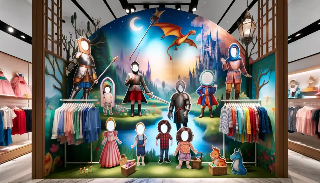 Uma imagem de uma vitrine infantil criativa de uma loja de roupas infantis, projetada para ser interativa com uma peça de arte para tirar fotos. A vitrine apresenta uma cena divertida e convidativa, com um cenário grande e colorido que lembra uma paisagem de conto de fadas. Em frente a esse cenário mágico, há vários recortes onde as crianças podem colocar seus rostos, transformando-os em personagens da história, como cavaleiros, princesas ou dragões. As roupas exibidas ao redor desses elementos interativos incluem uma variedade de fantasias e roupas de uso diário que combinam com o tema dos contos de fadas, em cores e padrões vibrantes. A configuração incentiva as famílias a interagir com a exibição, tirando fotos de seus filhos como parte da cena, tornando a experiência de compra memorável e divertida. A iluminação geral é clara e alegre, destacando a arte interativa e as roupas, criando uma atmosfera calorosa e acolhedora.