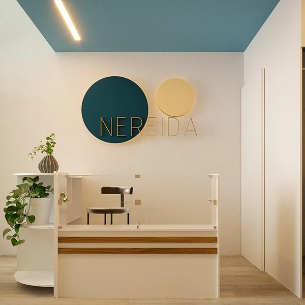 A foto exibe o espaço do caixa de uma loja de roupa pequena e simples, com uma perspectiva que destaca a área de atendimento ao cliente. O balcão é branco com detalhes em madeira, proporcionando um visual limpo e moderno. Na parede ao fundo, o nome da loja 'NEREIDA' é exibido em letras douradas, entre dois círculos coloridos em tons de azul e amarelo, criando um logotipo elegante e atraente. Uma planta decorativa adiciona um toque orgânico ao ambiente.
