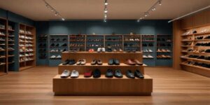 A imagem mostra uma loja de sapatos organizada e bem cuidada. A variedade de sapatos sugere que a loja atende a uma ampla gama de clientes. A iluminação brilhante e o chão de madeira clara criam uma atmosfera convidativa.