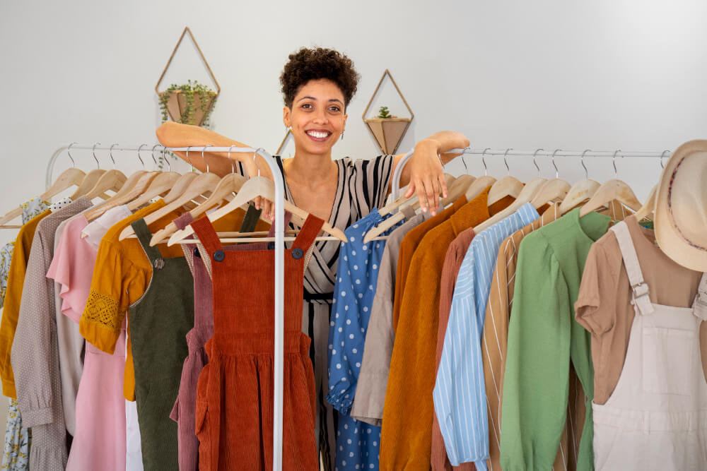 mulher em meio a araras de roupas