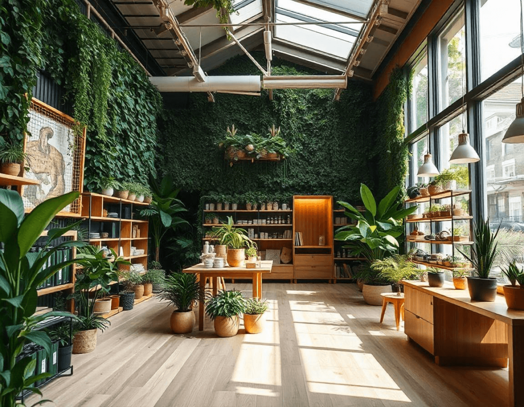 Loja com design biofílico, paredes verdes repletas de plantas, móveis de madeira clara e luz natural entrando por amplas janelas e teto de vidro.