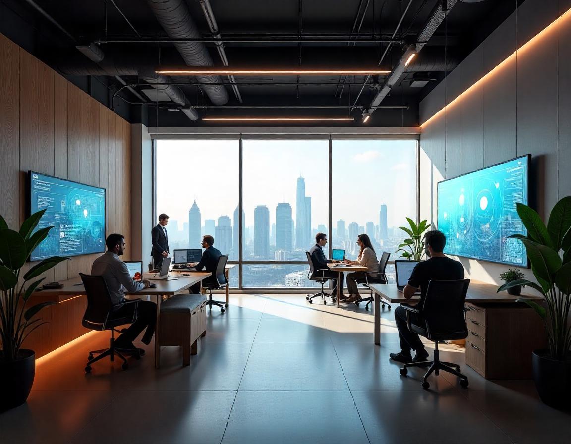 Escritório moderno de tecnologia com equipe analisando dados e vista panorâmica da cidade