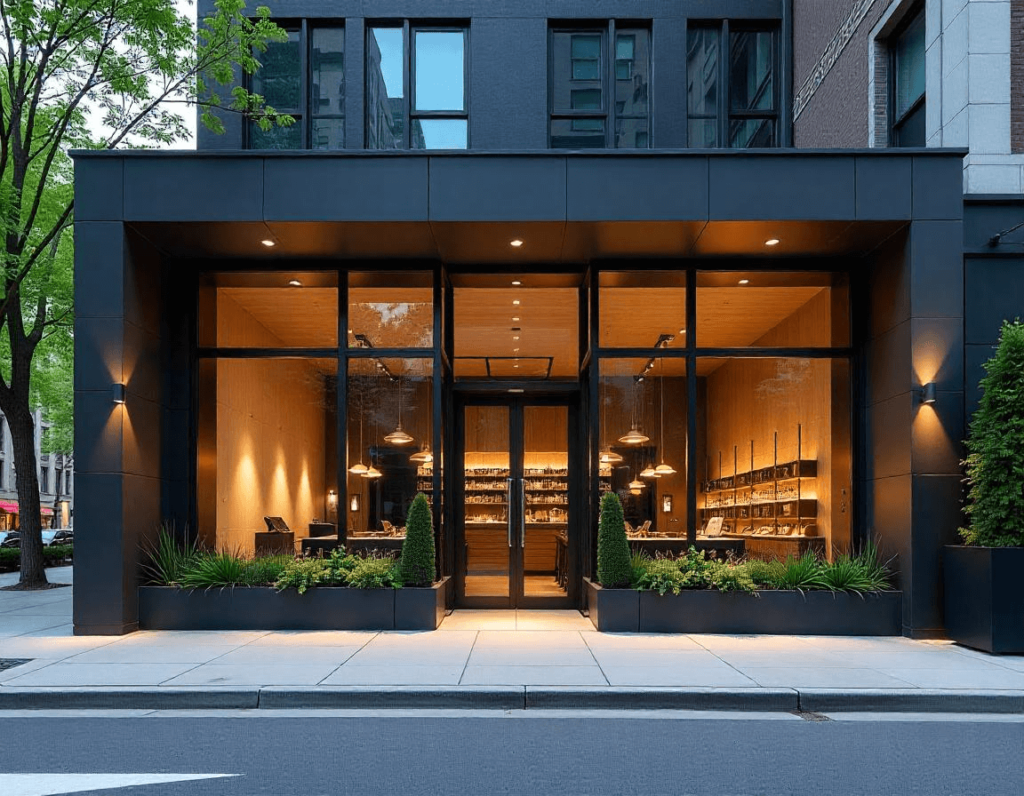 Fachada de loja moderna com design minimalista, grandes janelas de vidro, iluminação aconchegante e decoração externa com plantas.