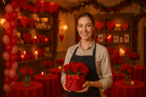 vendedora segurando presente em uma loja decorada para o dia dos namorados