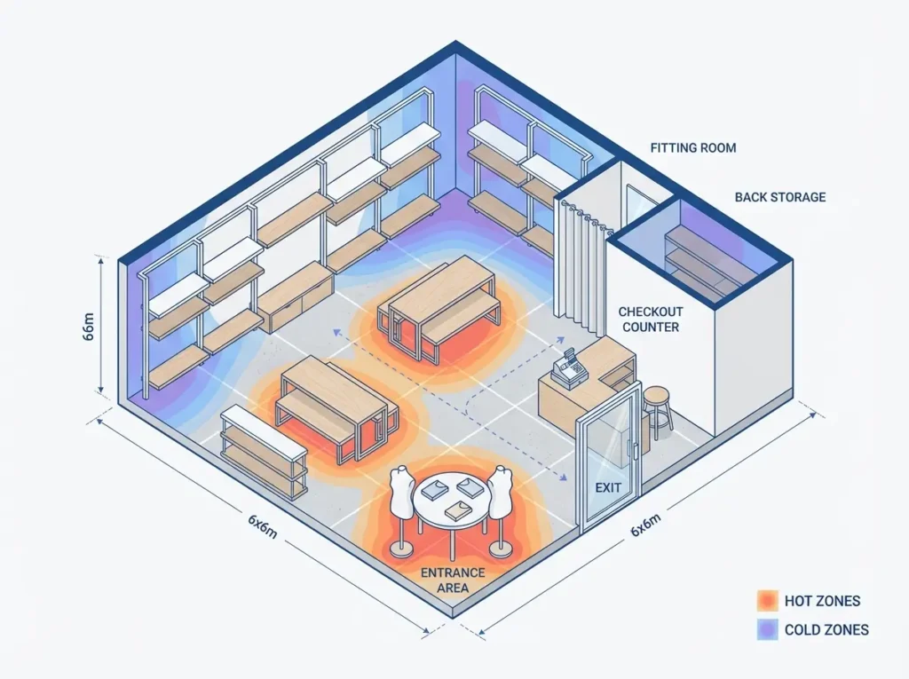 Planta isométrica de layout de loja pequena 6x6m mostrando zonas quentes e frias, fluxo de clientes e distribuição de móveis
