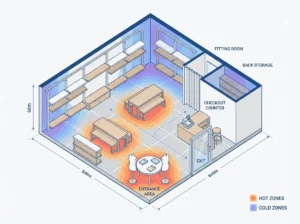 Planta isométrica de layout de loja pequena 6x6m mostrando zonas quentes e frias, fluxo de clientes e distribuição de móveis