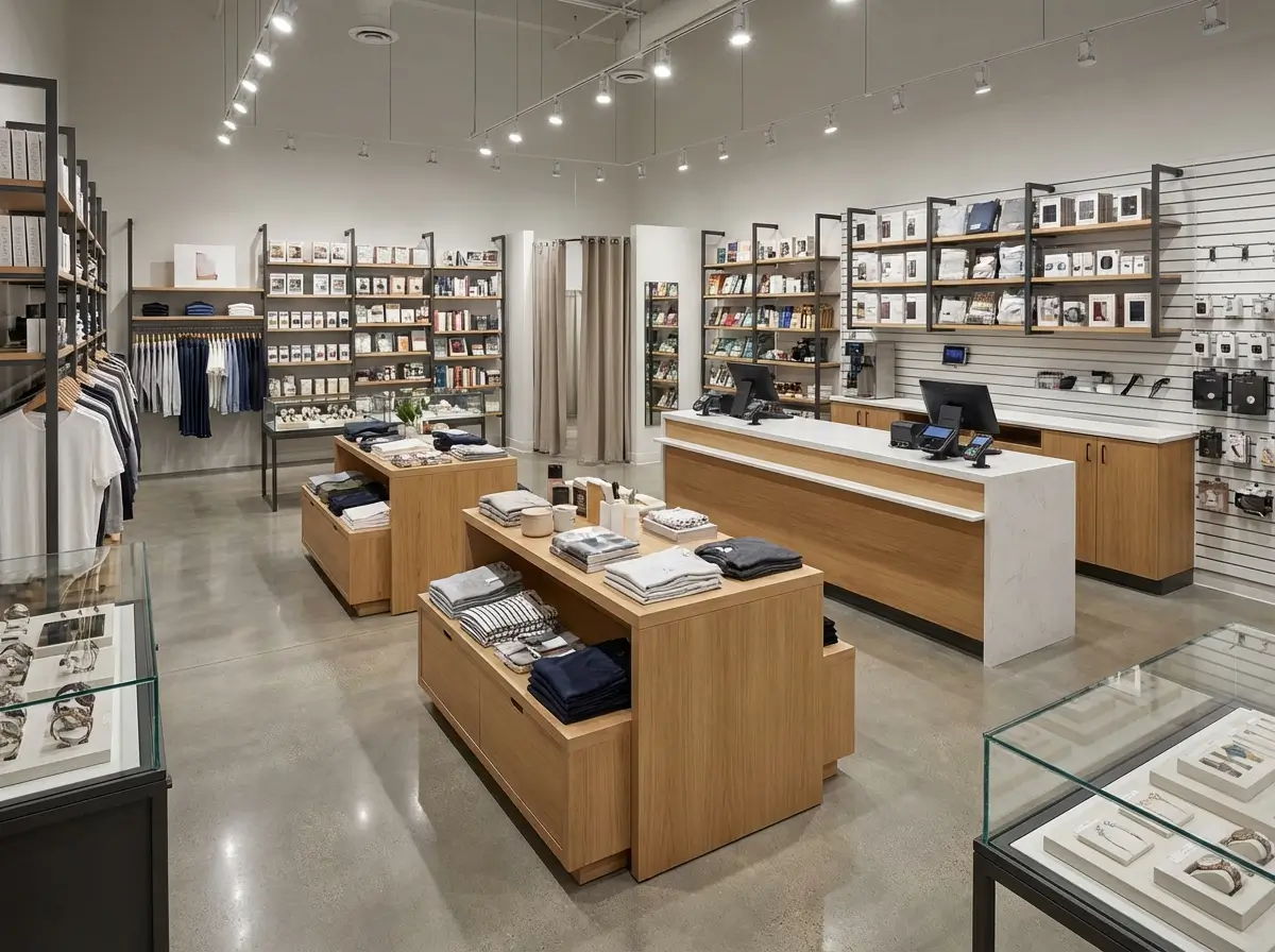 Loja moderna com móveis essenciais: prateleiras, ilhas centrais, balcão de caixa, araras e vitrines com boa circulação