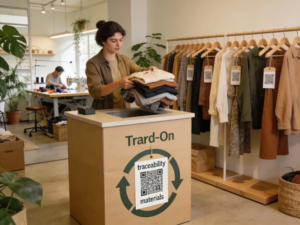 Cliente entregando roupas usadas em balcão Trade-On de loja sustentável com QR codes de rastreabilidade nas etiquetas