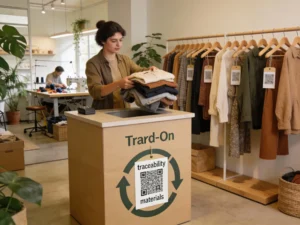 Cliente entregando roupas usadas em balcão Trade-On de loja sustentável com QR codes de rastreabilidade nas etiquetas