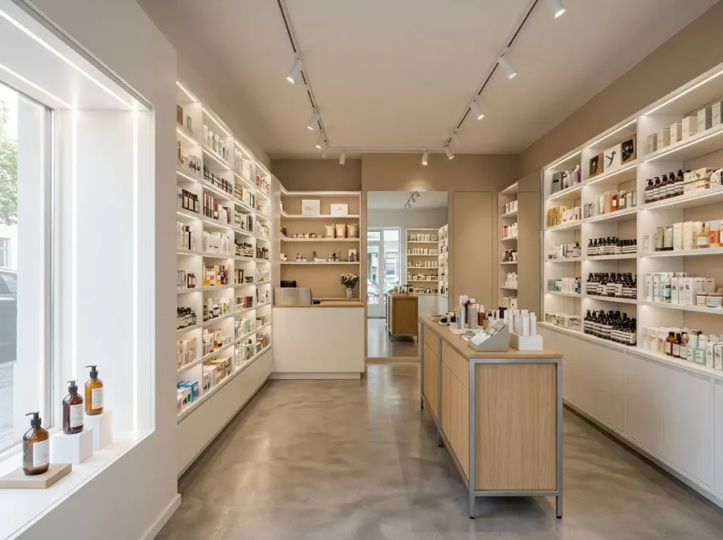 interior de uma pequena loja de cosméticos