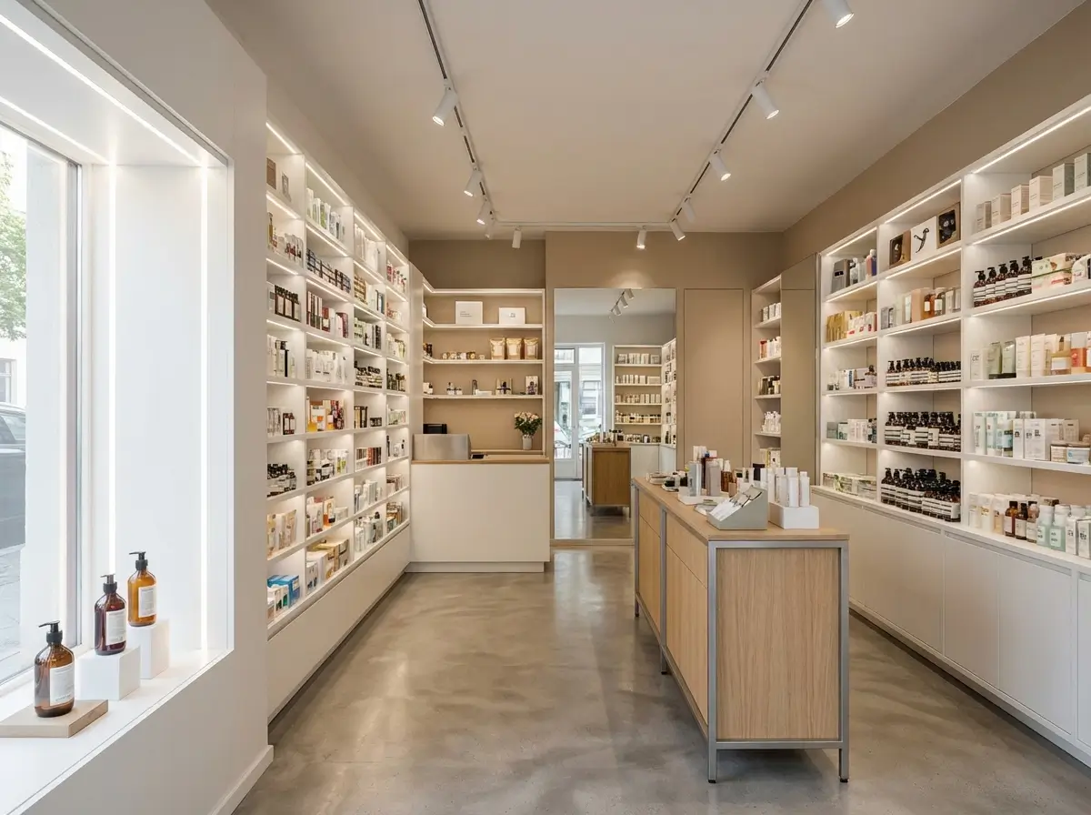 interior de uma pequena loja de cosméticos