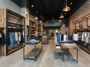 loja de roupas com móveis industriais