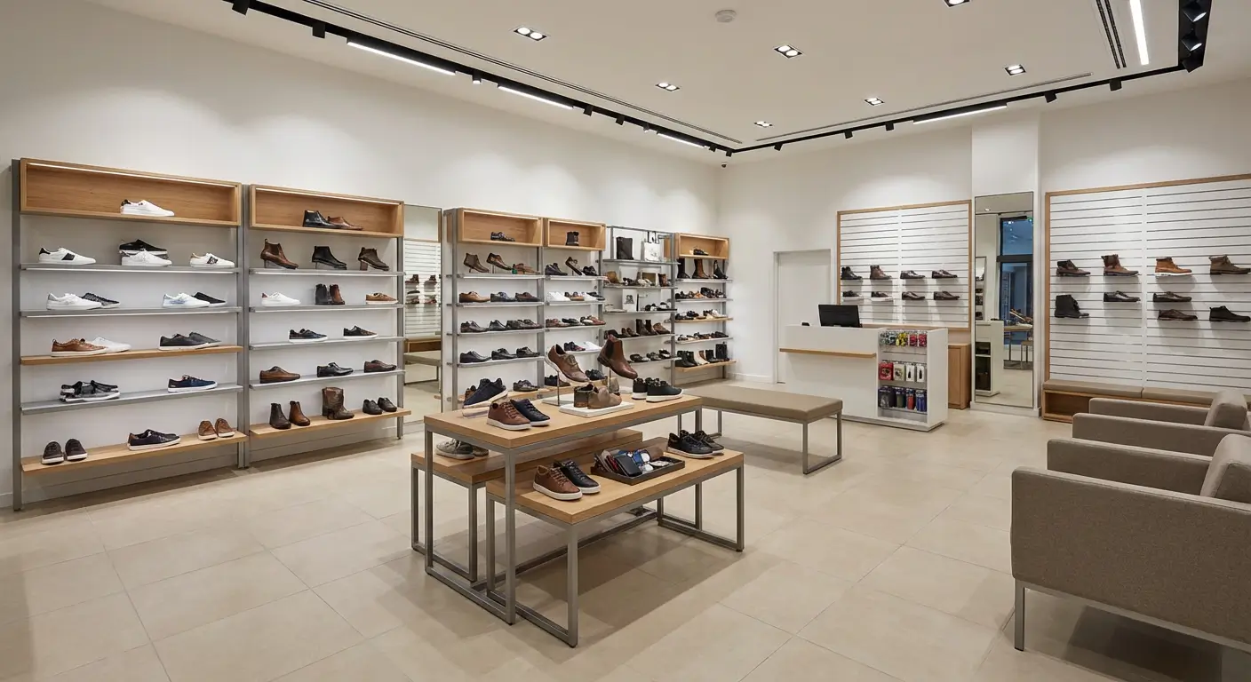 loja de calçados com balcões e cremalheiras