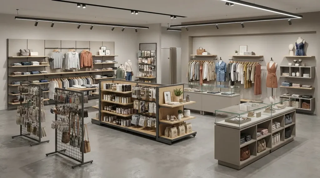 loja com vários expositores comerciais