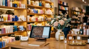 balcão de loja com computador em cima