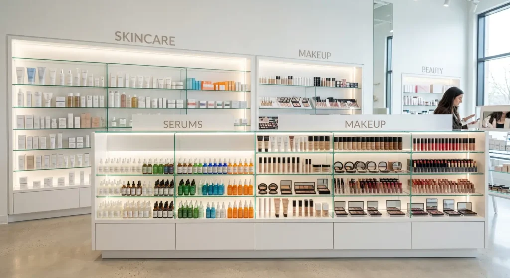 Prateleiras organizadas de uma loja de cosméticos