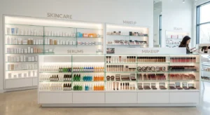 Prateleiras organizadas de uma loja de cosméticos